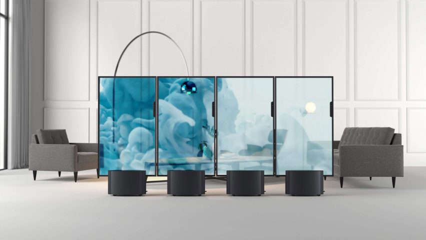 Four Vivid displays connected to form a room divider in a contemporary interior