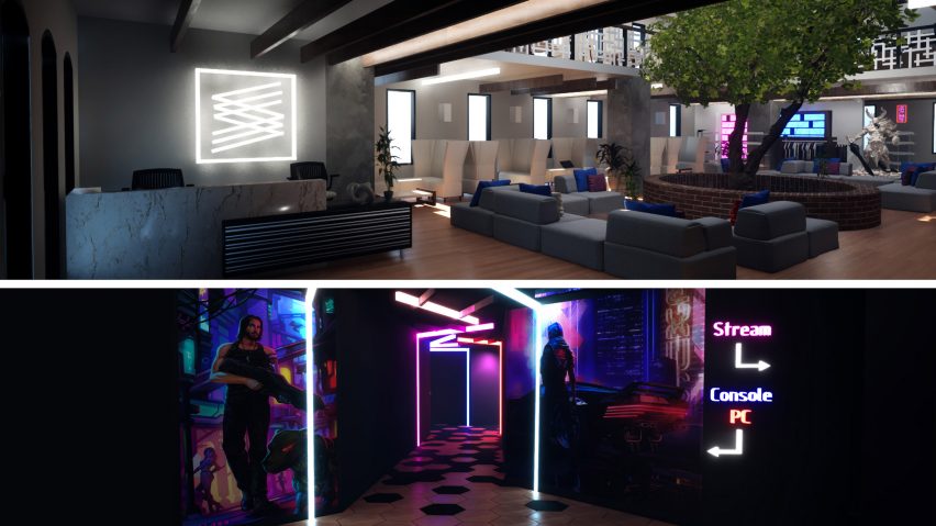 Three dark interior renders of a game centre design