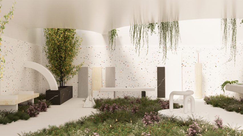 Furniture in front of terrazzo walls with foliage