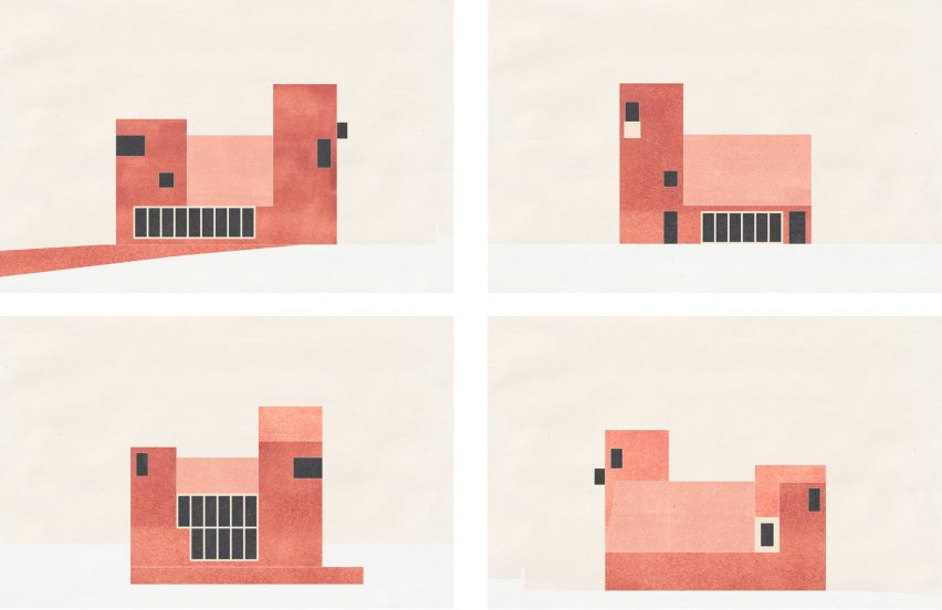 Four illustrations of buildings