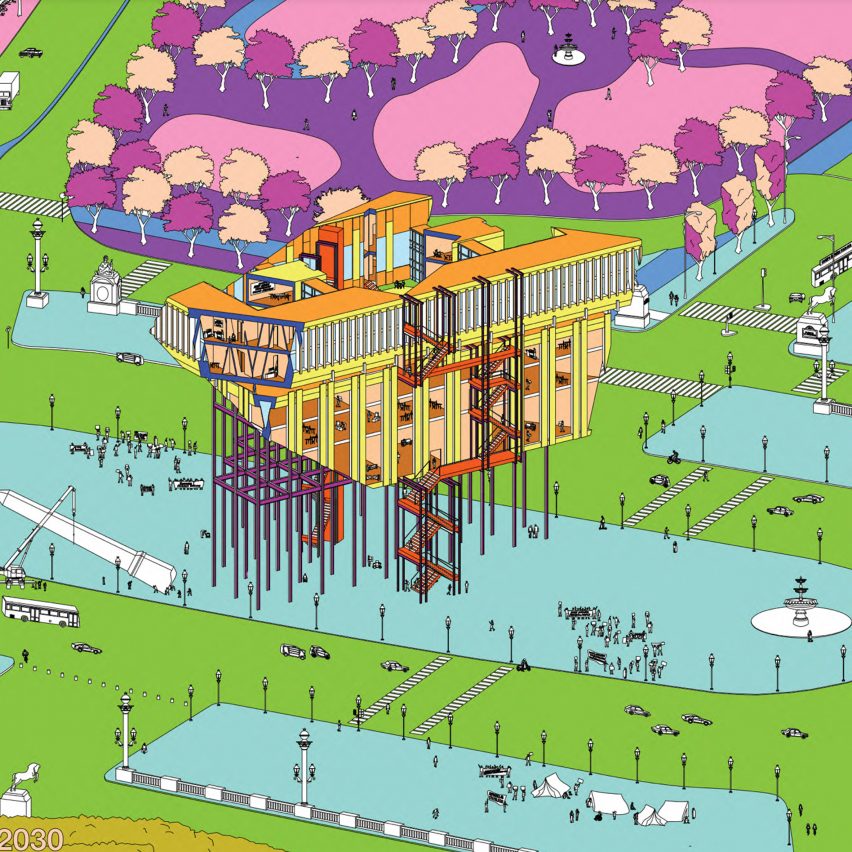 A colourful architectural illustration of Stateless Embassy by Delaney Inamine