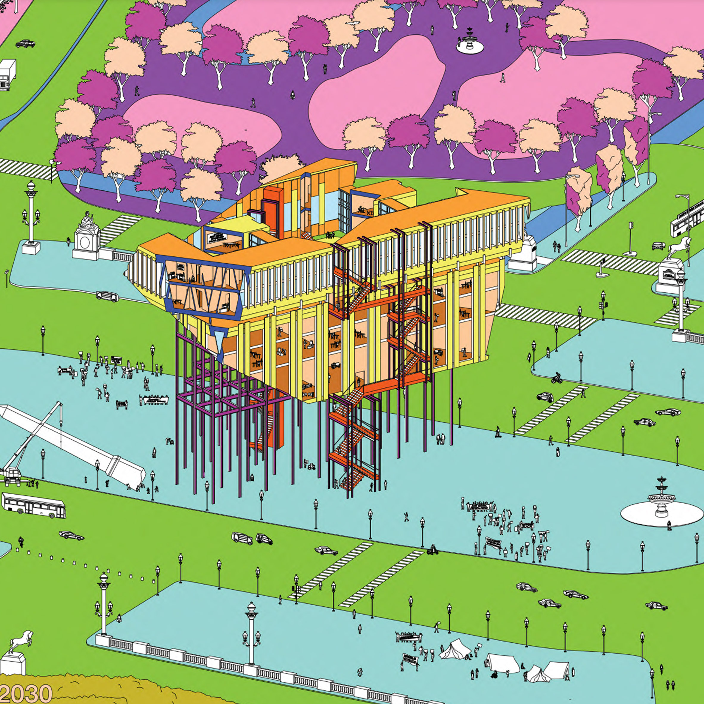 A colorful architectural illustration of the stateless Embassy by Delaney Inamine
