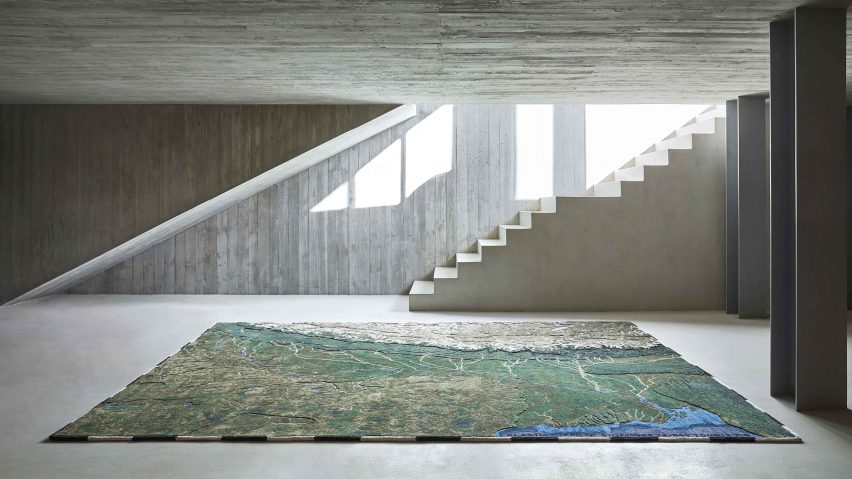 Large Ganges river rug in basement with staircase