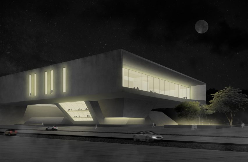 Architectural render of a boxy building lit up at night