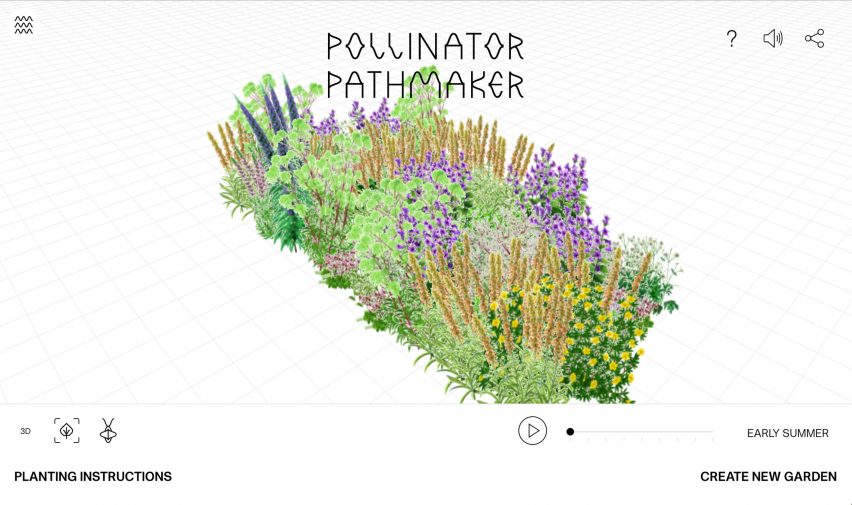 Screenshot of the Pollinator Pathmaker online tool showing a 3D visualisation of a garden of painted flowers