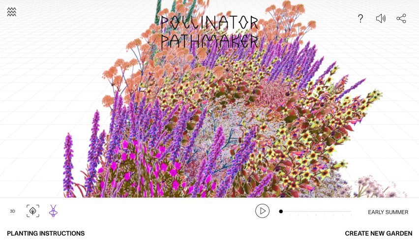 Screenshot of the Pollinator Pathmaker platform showing the 3D garden visualised in "pollinator vision" in all reds, purples and browns
