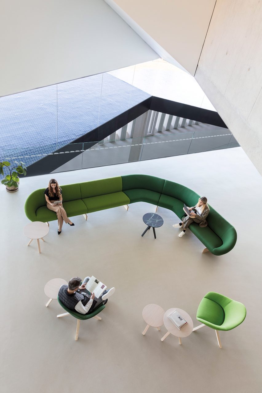 Aerial view of large curved Giro Soft modular sofa in an office lobby