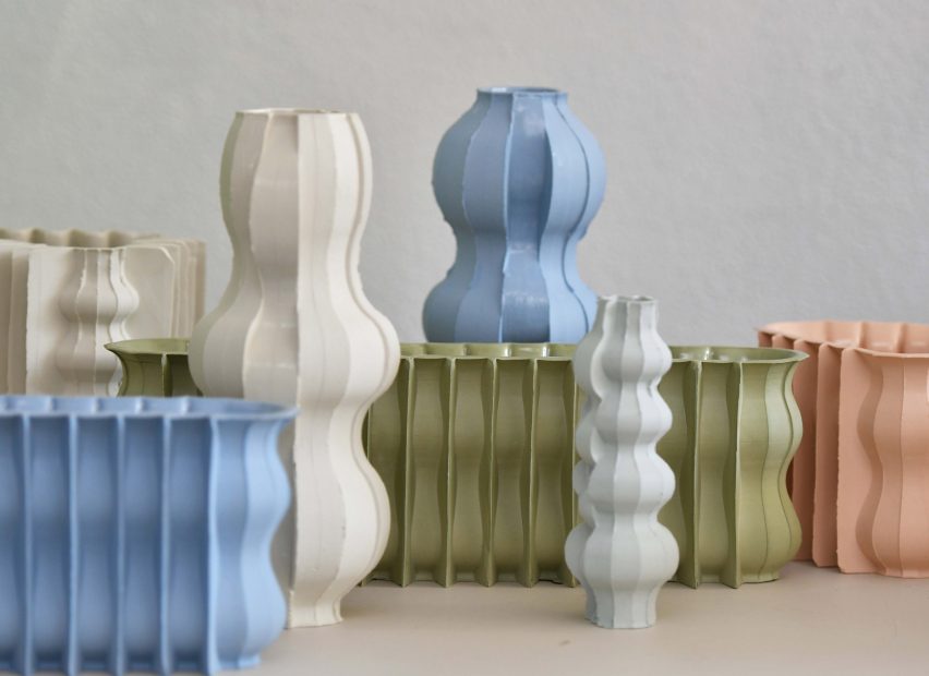 White, green, blue and peach ceramics with ribbed surfaces