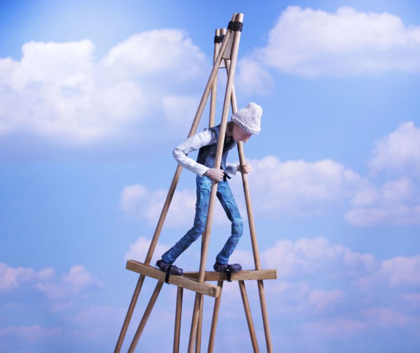 Still from an animated movie of a character on stilts against a cloud background