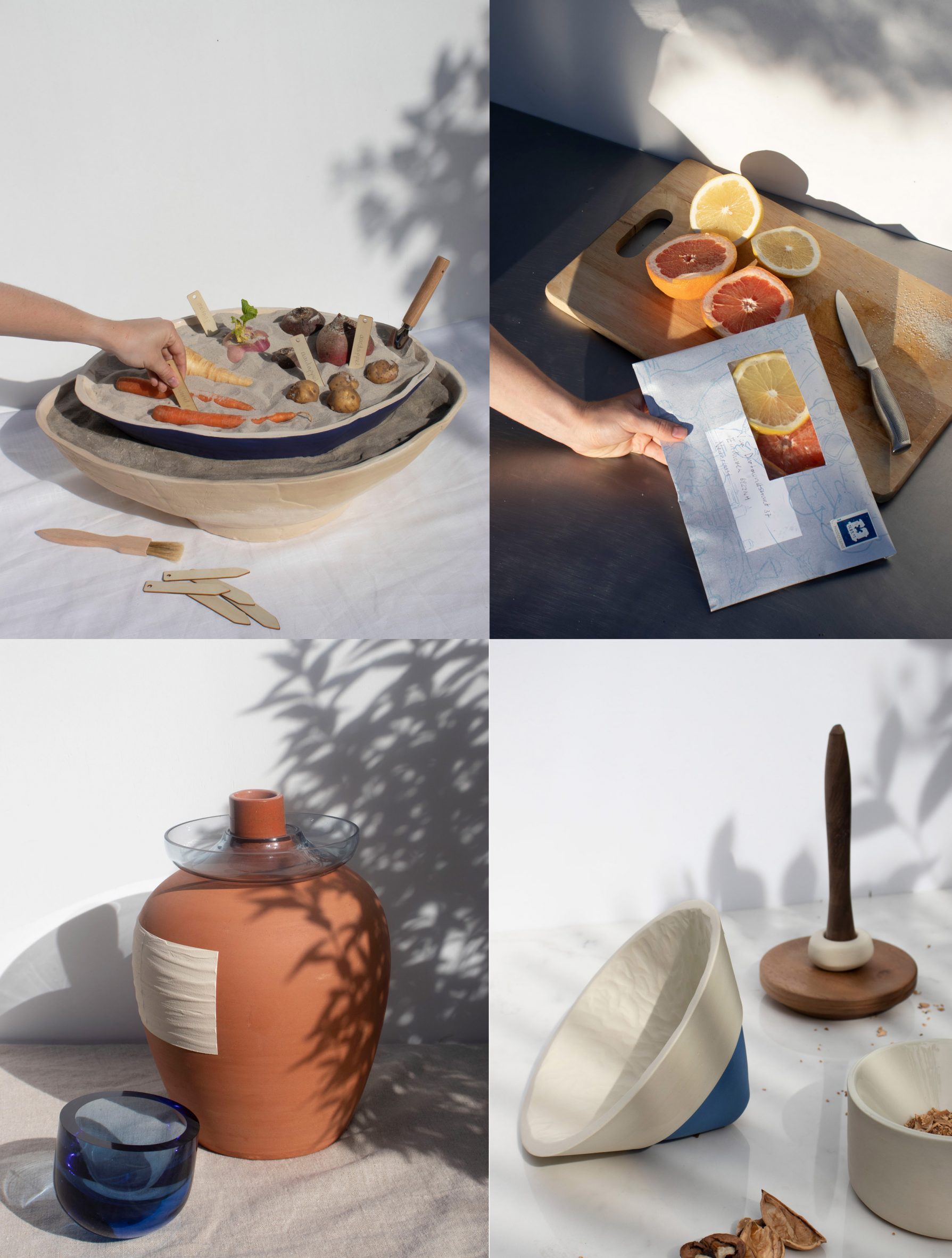 Four images of kitchen products, including bowls, chopping boards and vases