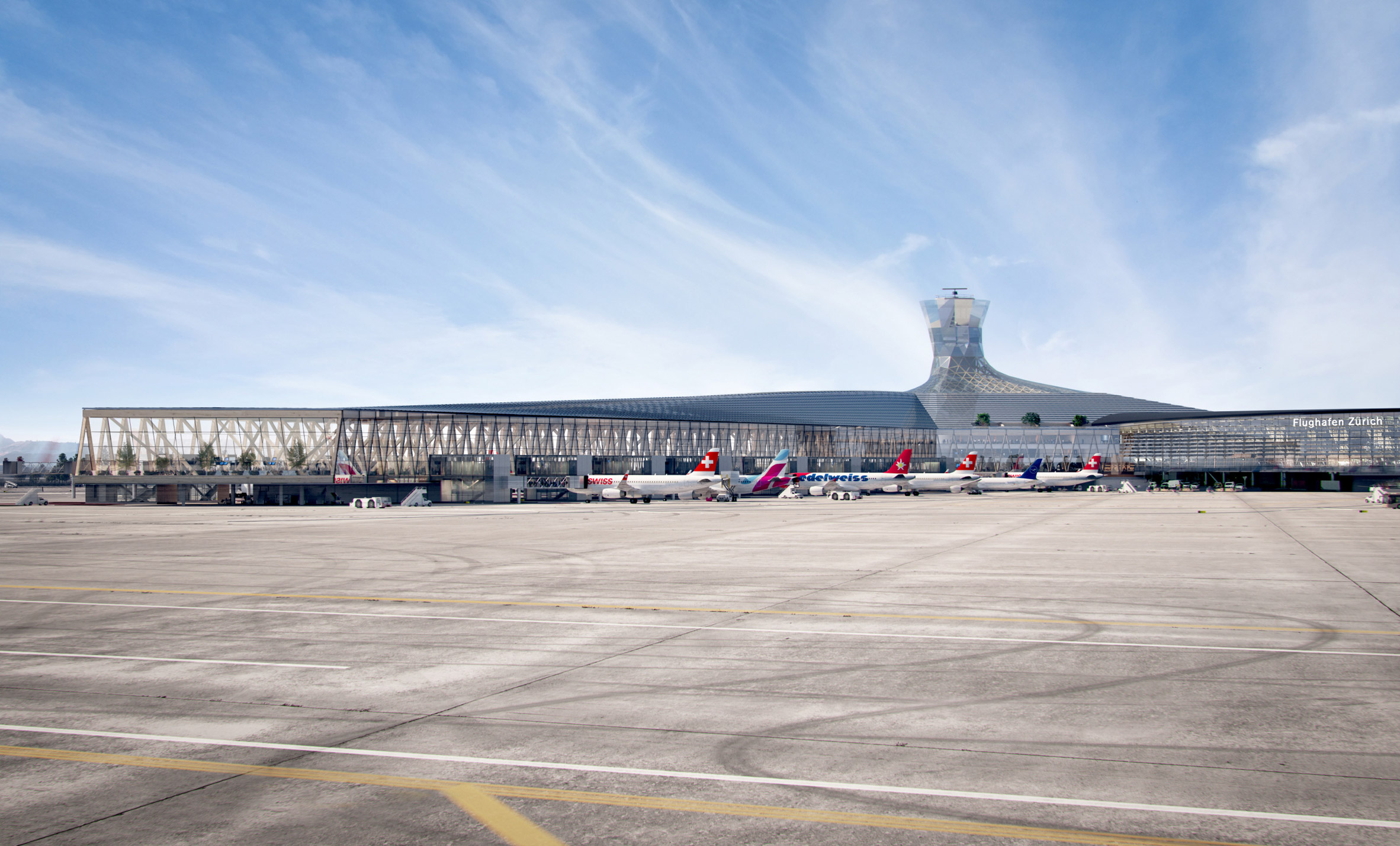 Exterior view of BIG's timber terminal at Zurich Airport