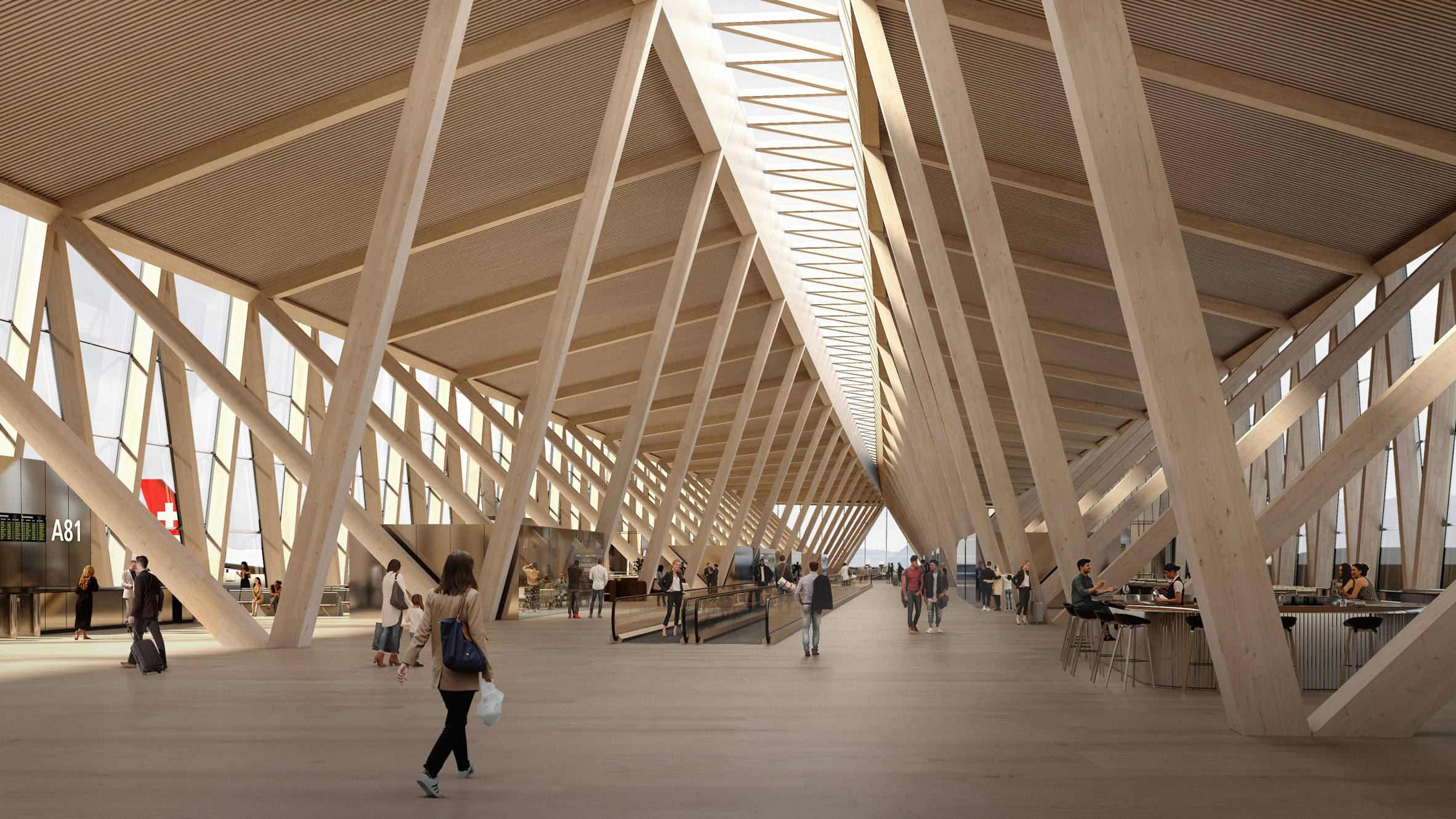 V-shaped timber columns in BIG's Dock A at Zurich Airport