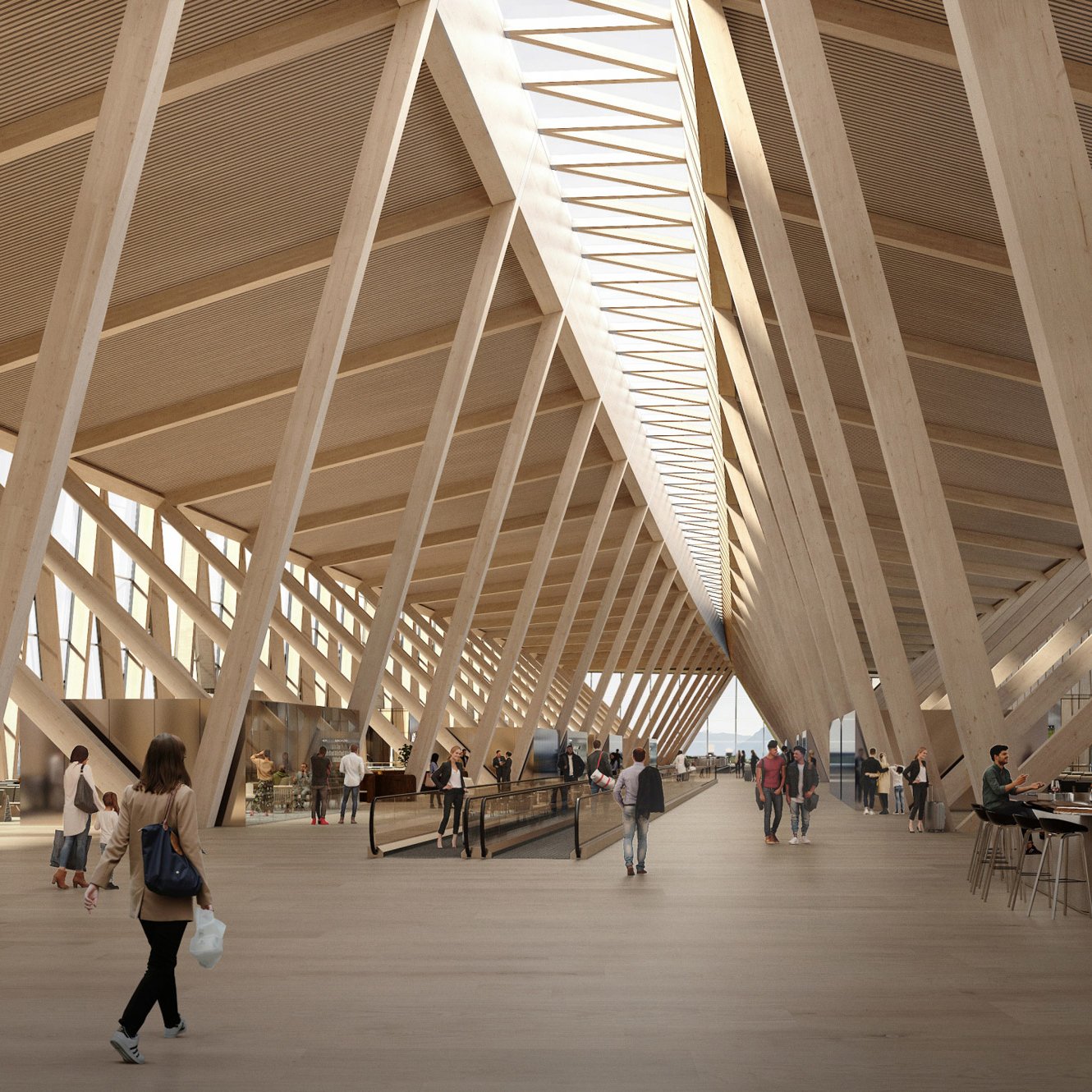 Mass-timber interior of BIG's Dock A at Zurich Airport