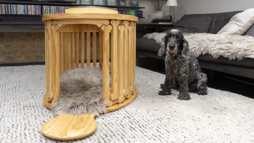 Bonehenge is a dog kennel that is lined in vertical bone-shaped slats