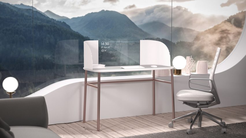 Caelum desk in white leant against a window framing surrounding mountain views