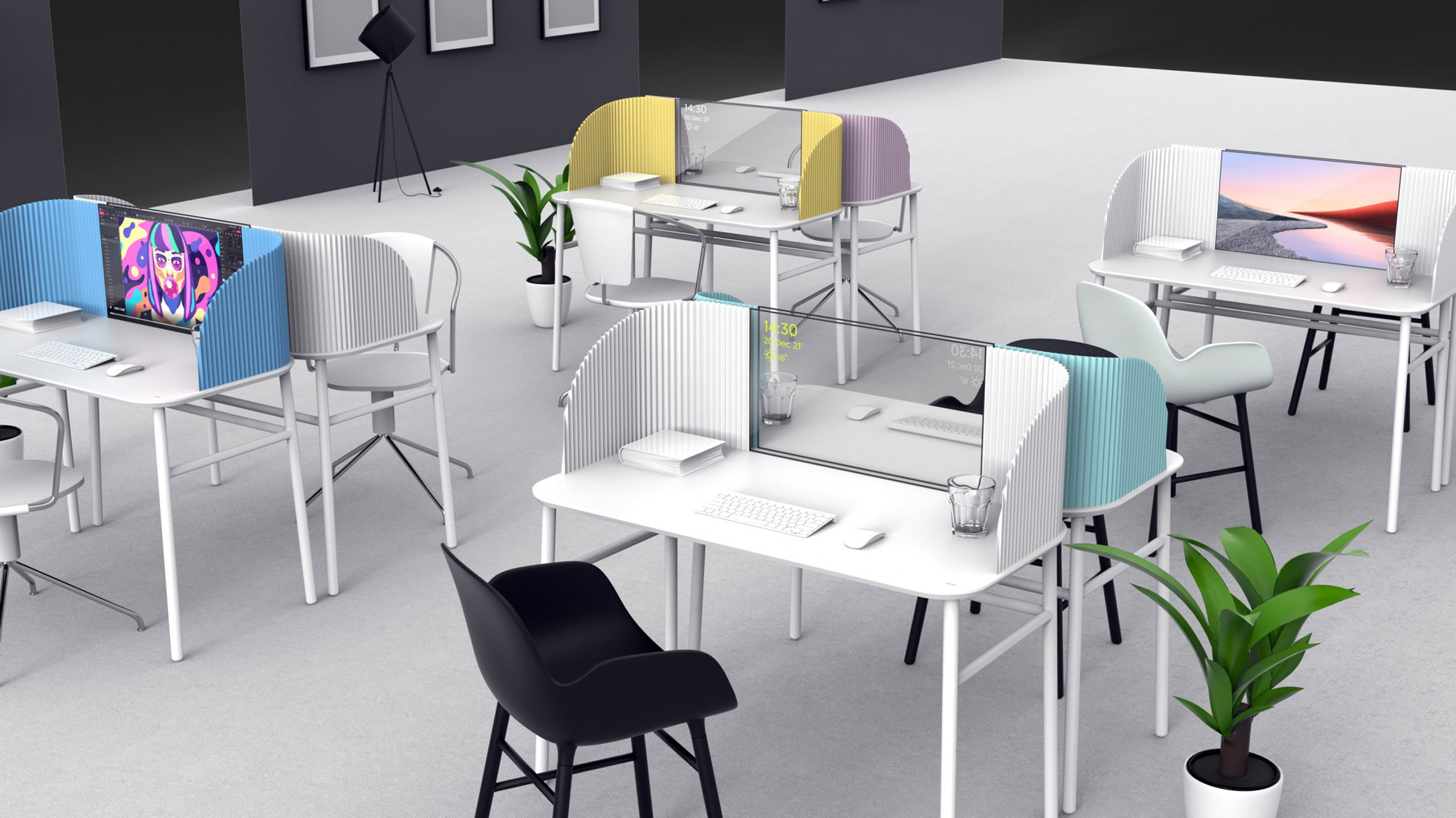 Multiple Caelum desks in an office setting with different coloured panels
