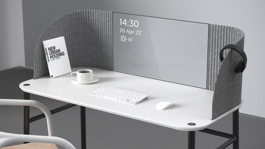 Caelum desk in grey with a wireless keyboard and coffee on desktop