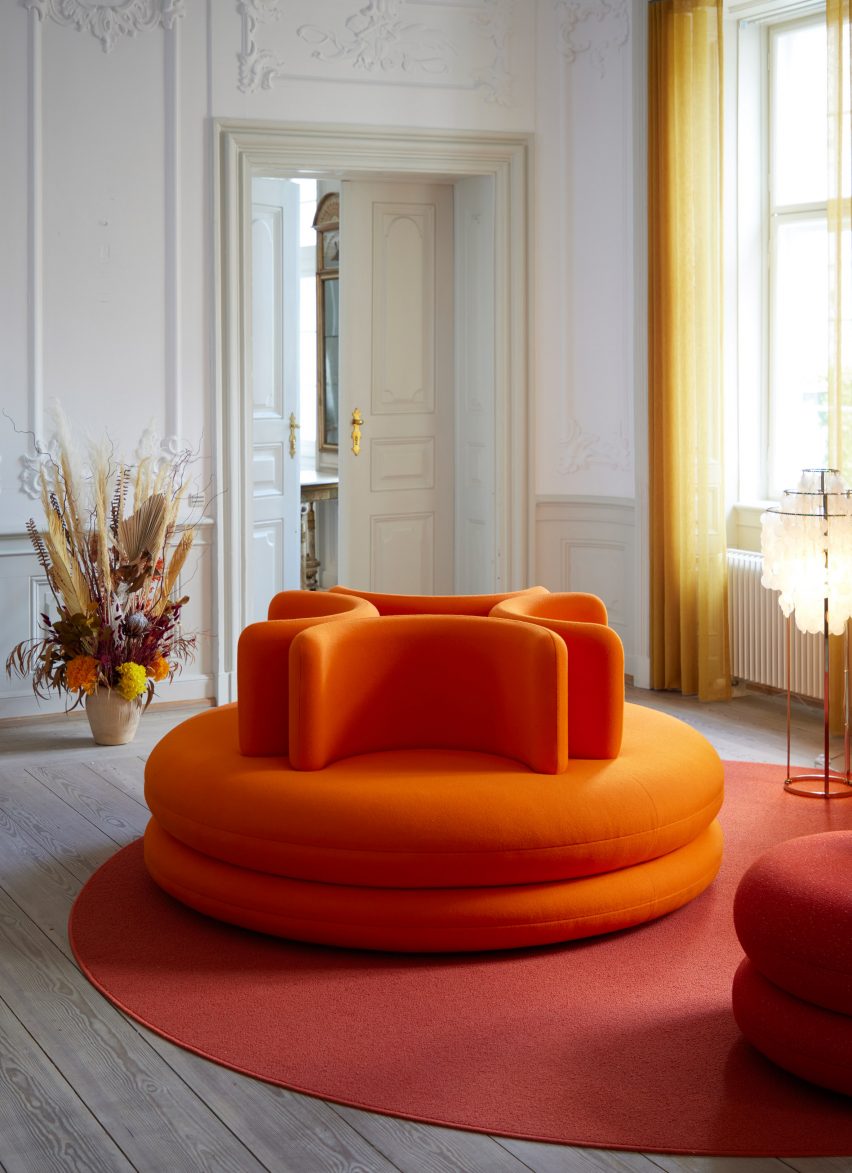 Easy sofa and pouf in bright orange by Verner Panton for Verpan