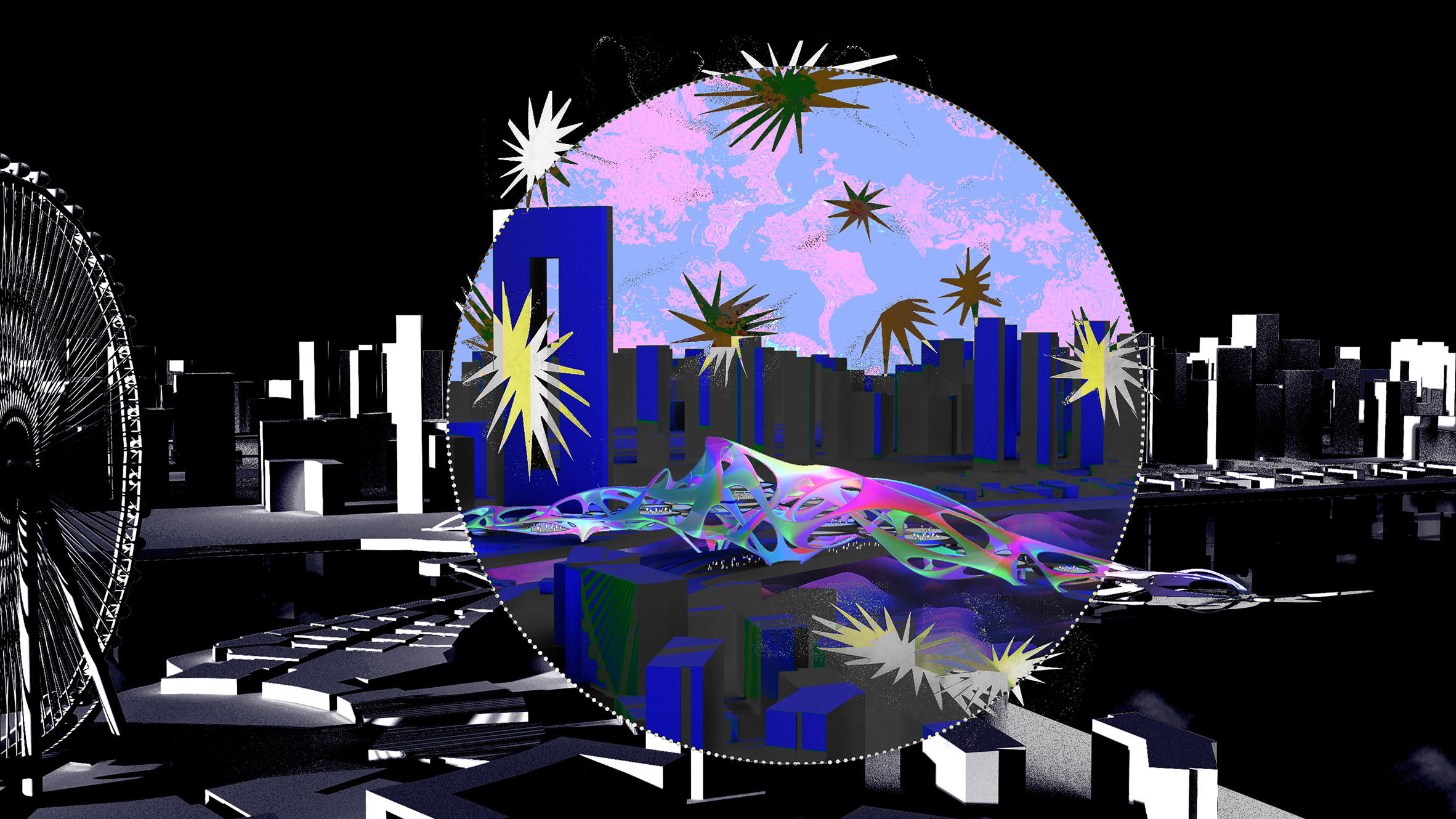 3D model of a city landscape in black and white with a colourful circle overlay in the centre