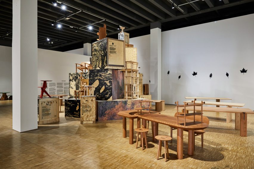 Wooden furniture and crates in Milan exhibition