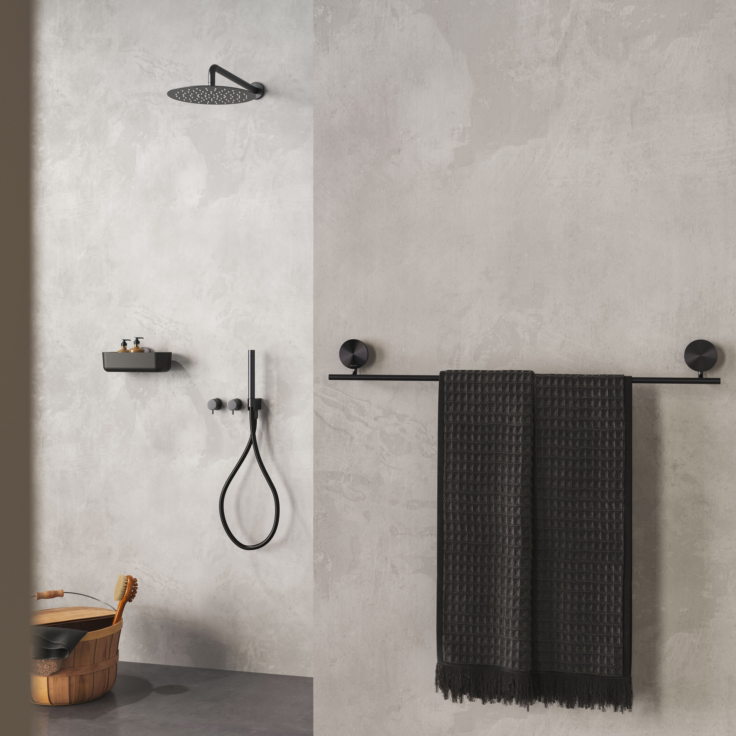 Black towel rail by a walk-in shower