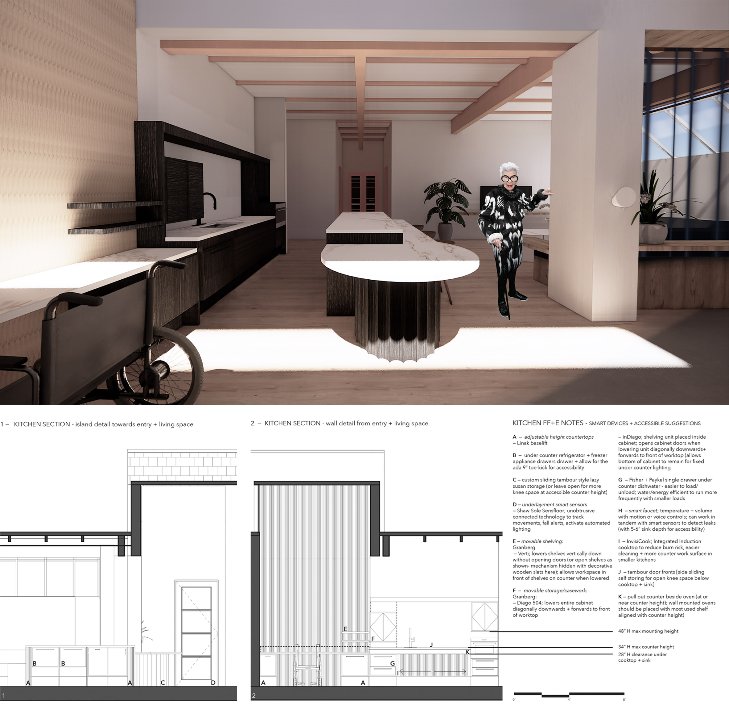 Interior render with two black and white section drawings