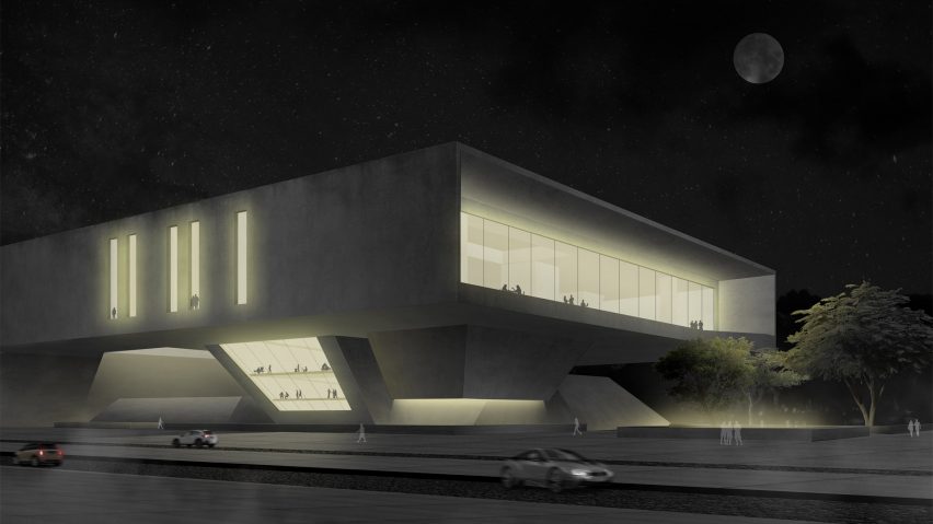 Architectural render of a boxy building lit up at night