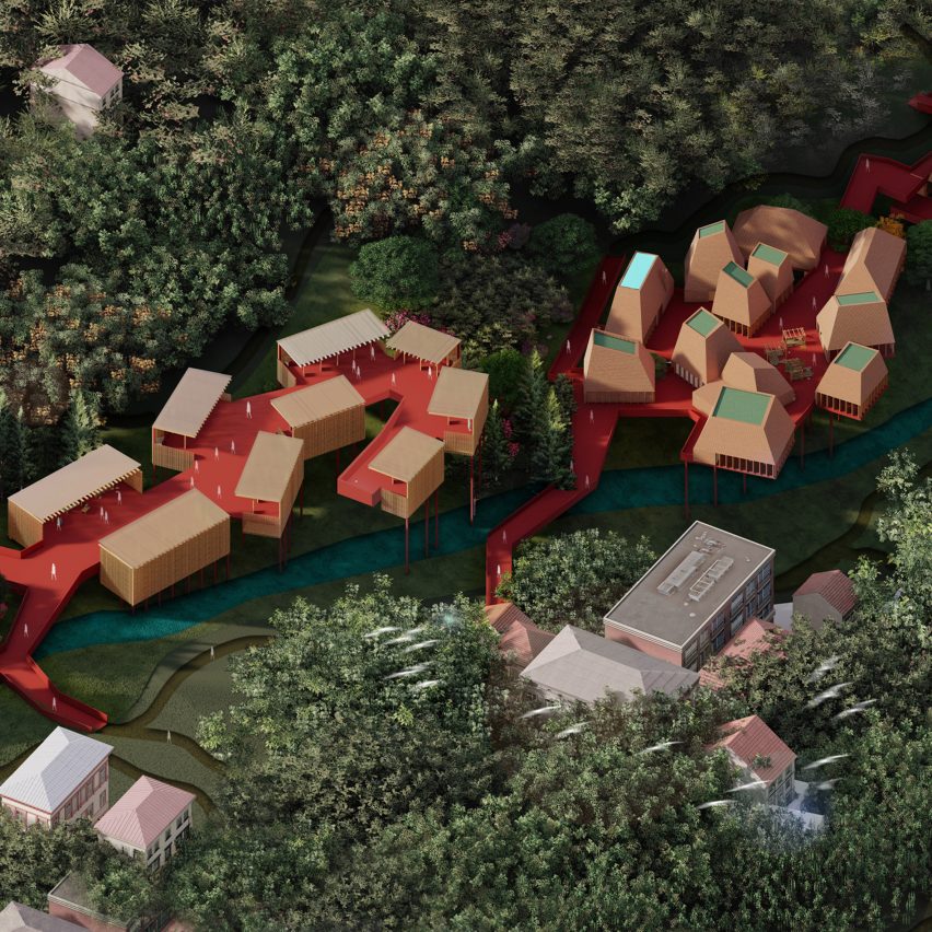 Render of a cluster of buildings with a red route in a forested area