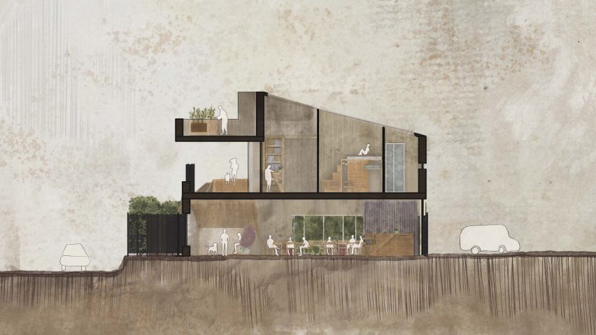 Rendered three-storey section drawing by Anna Basco from the University for the Creative Arts