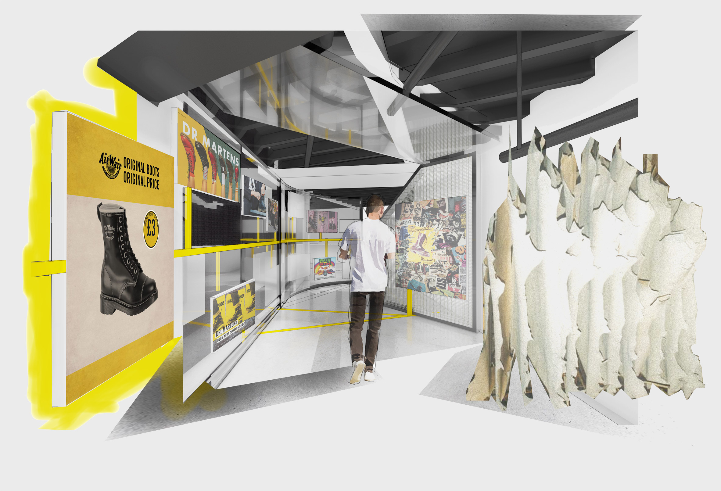 Collage rendering of a Dr Martens exhibition