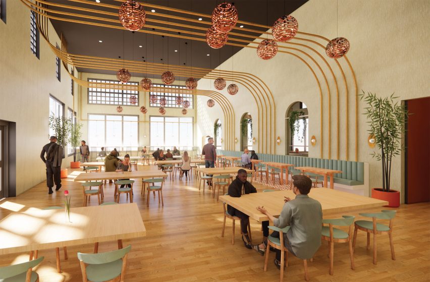 Public eatery with overhead curved timber framing by Izze Stadulis at Virginia Commonwealth University