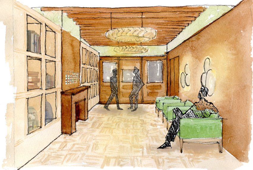 Hand drawn interior of Reimagining Residential Life and Housing by Jenna Bramblet at Virginia Commonwealth University