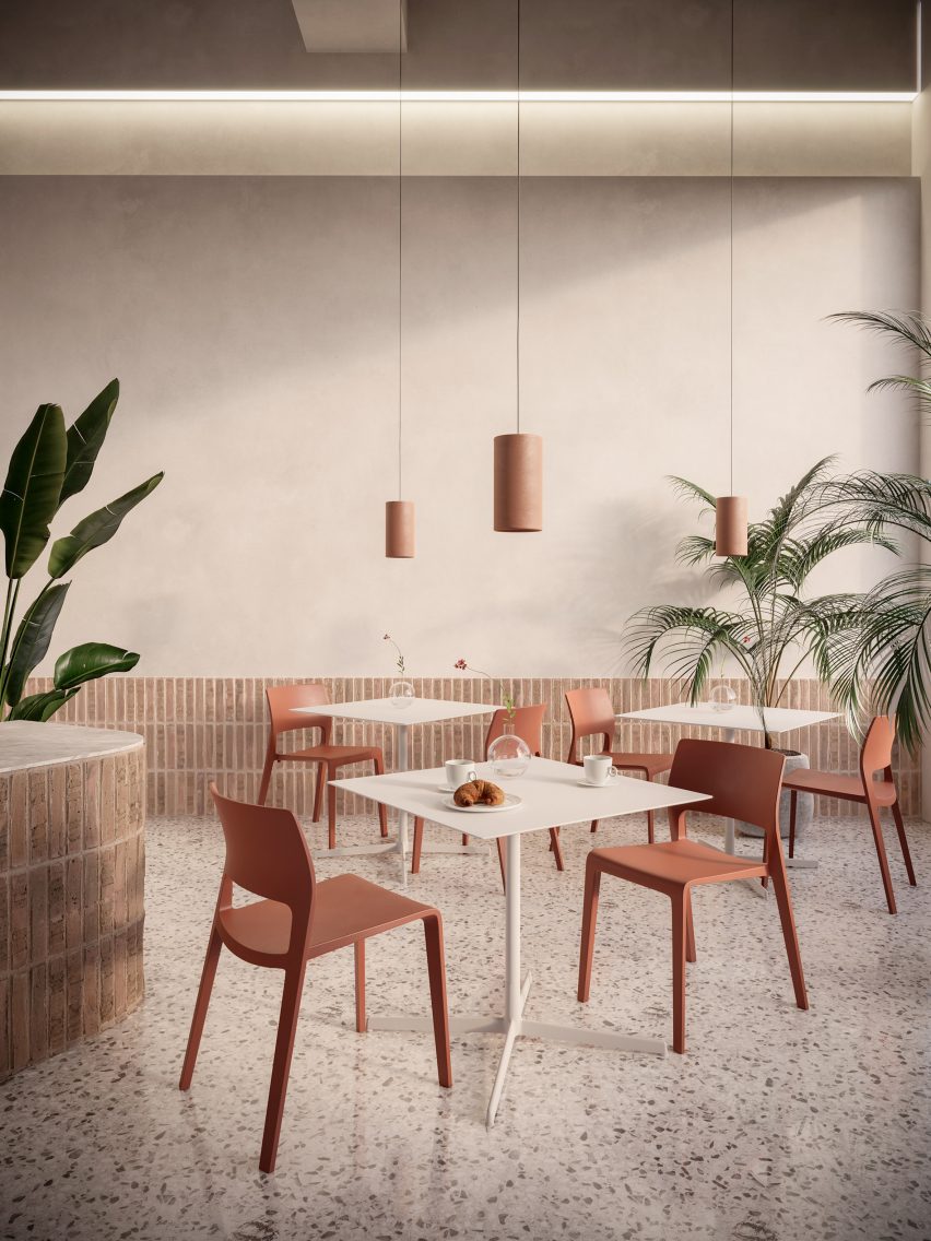 Red Juno 02 chairs by Arper in a tiled restaurant setting