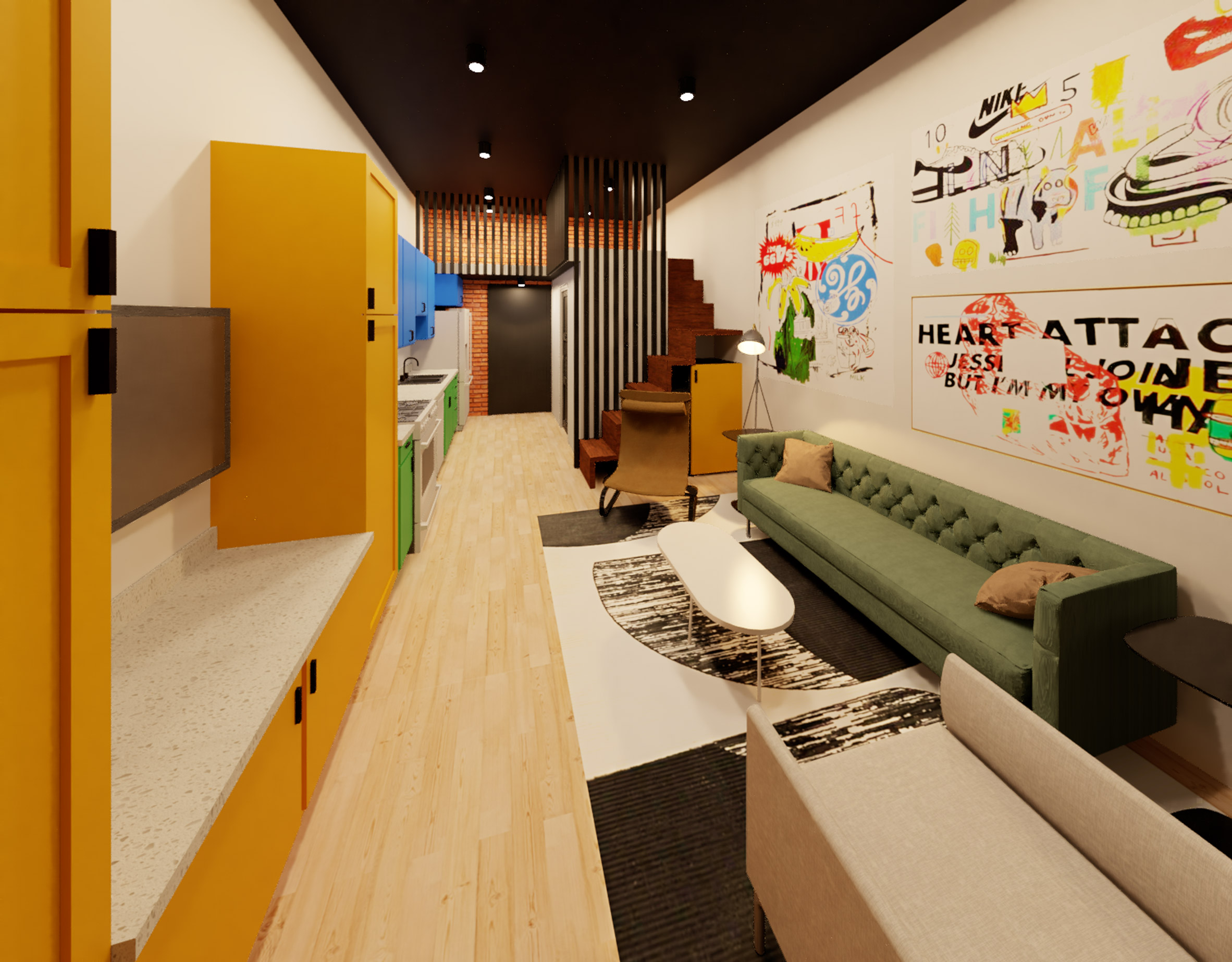 Render of interior living space with yellow kitchen units and a green sofa