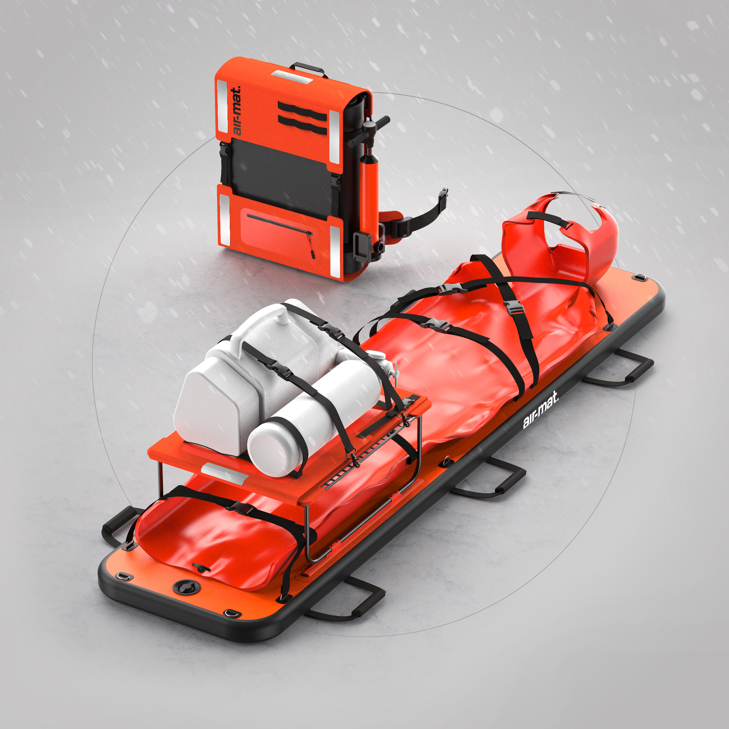 Red inflatable rescue stretcher on a grey background