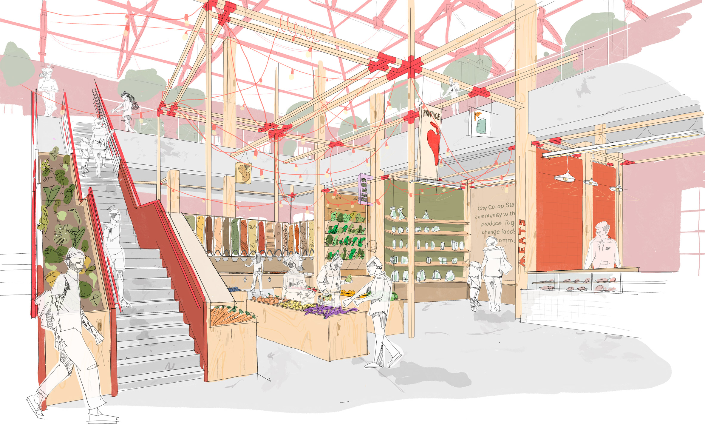 Hand drawing of interior project City Co-op by Madison C Donnelly at Virginia Commonwealth University