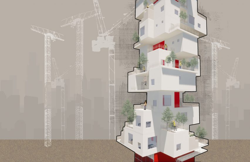 Student project of a tower populated with people and a grey-brown background