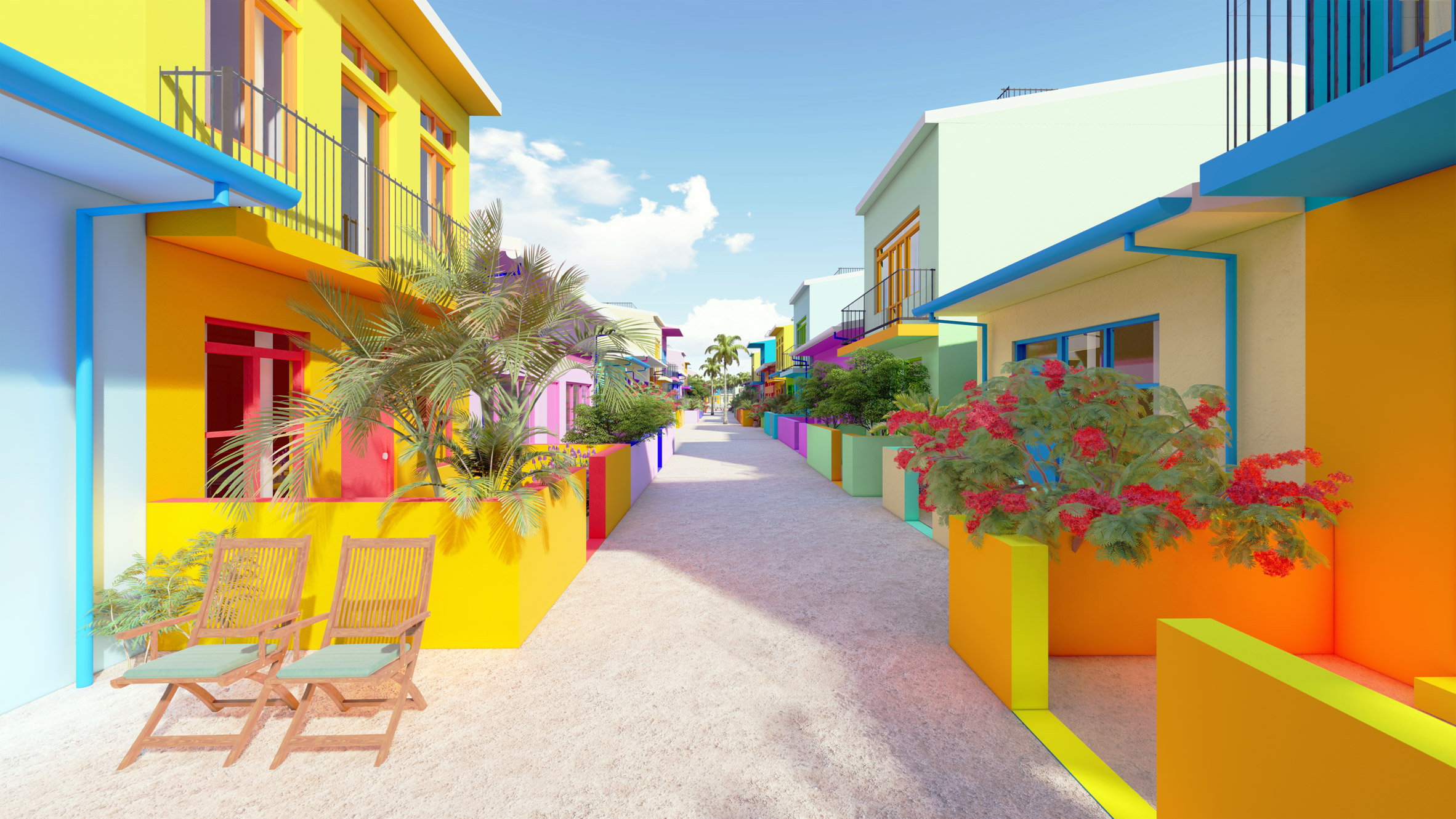 A pedestrian street on the Maldives Floating City lined by colourful houses