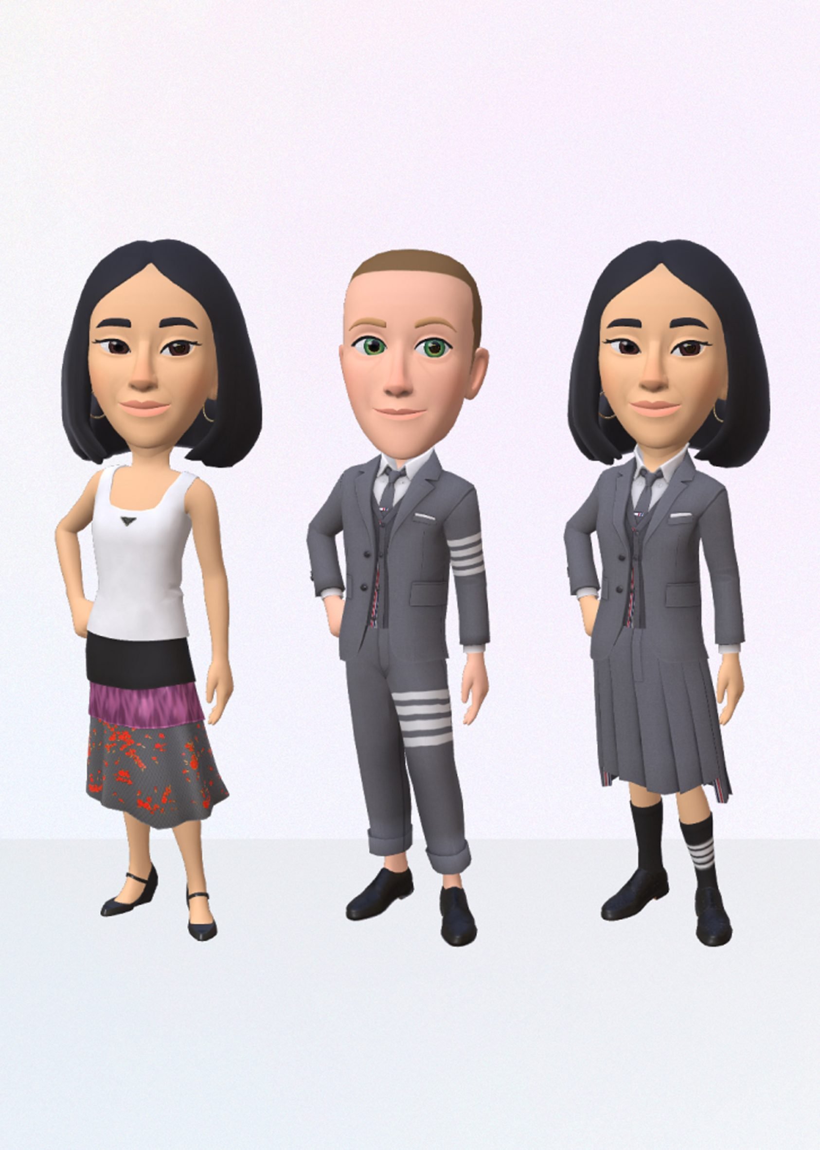 Image of Thom Browne and Prada outfits that are available at Meta's Avatars Store