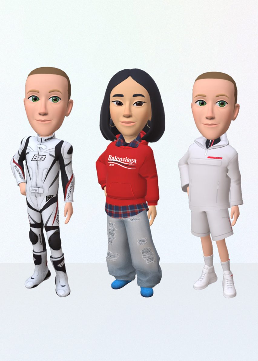 Avatars are pictured wearing Balenciaga and Prada outfits