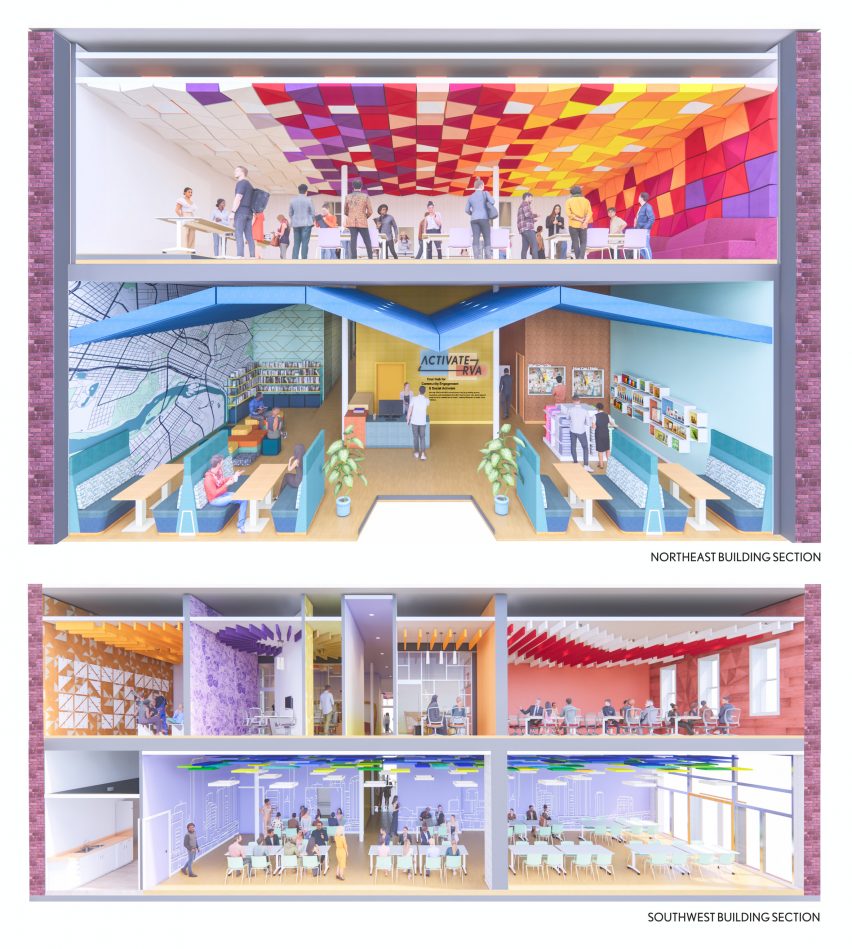 Two colourful interior sections of Activate RVA by Miriam Gibson