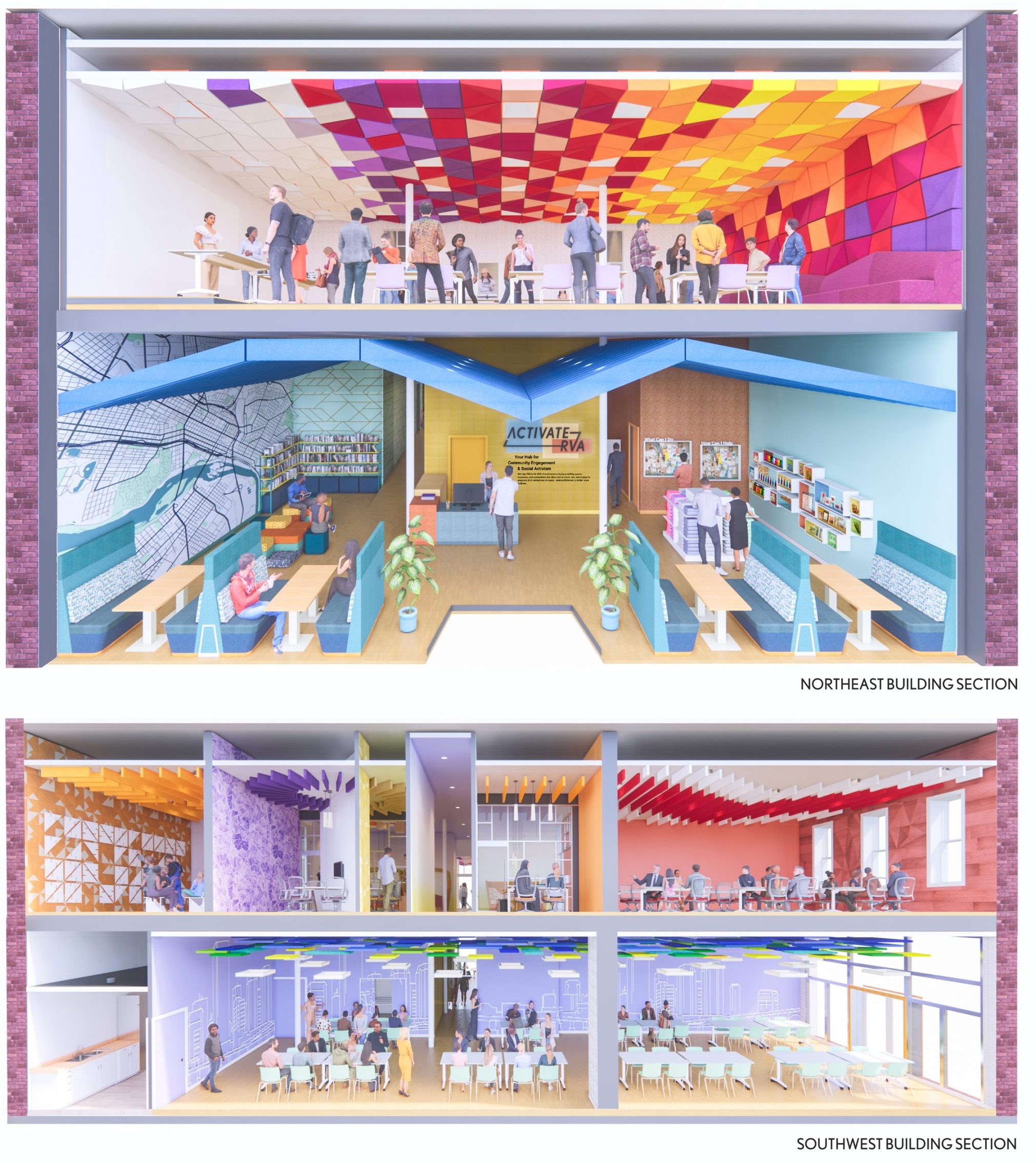 Two colourful interior sections of Activate RVA by Miriam Gibson