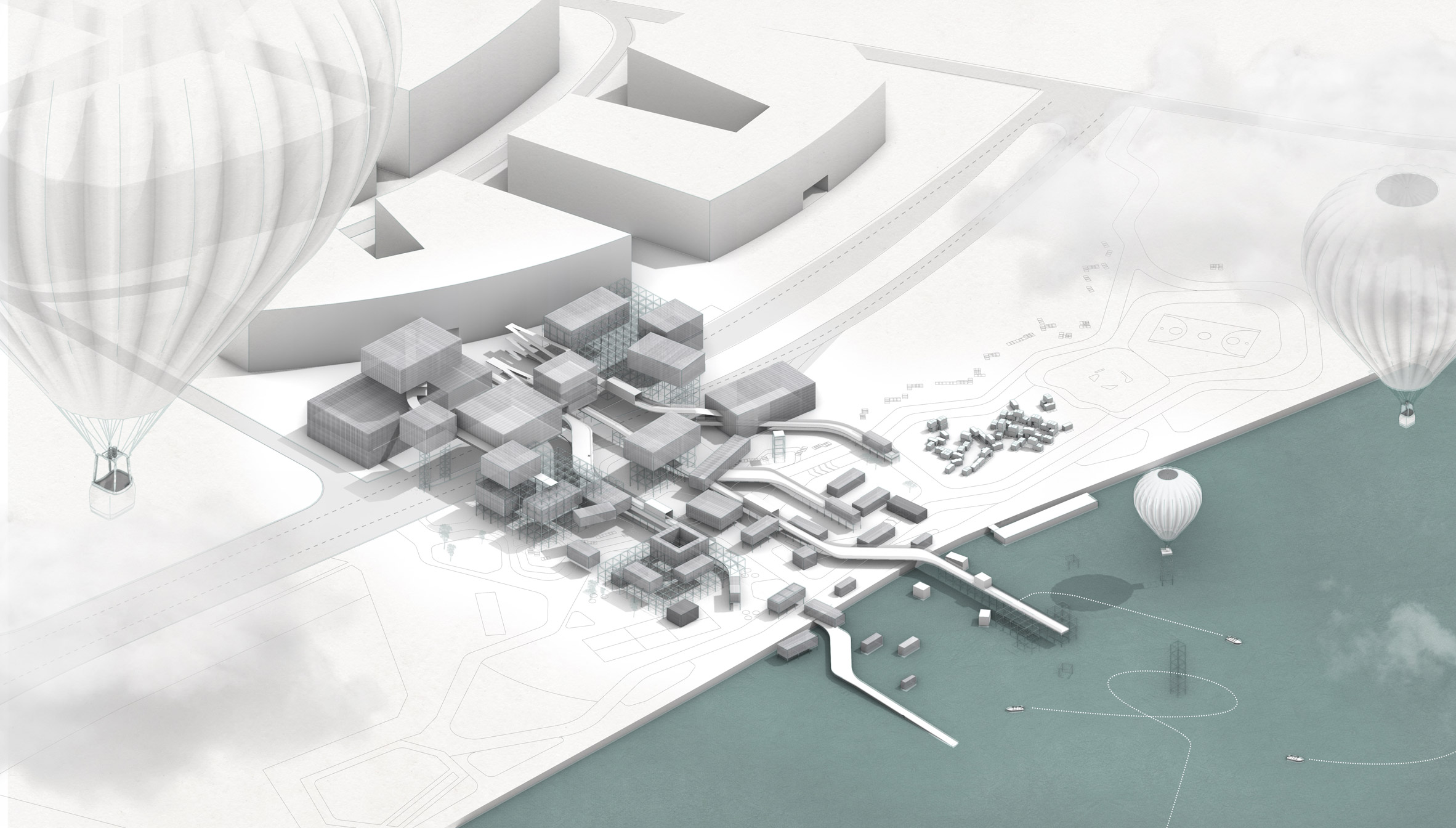 Isometric render of an architectural intervention by the sea with hot air balloons
