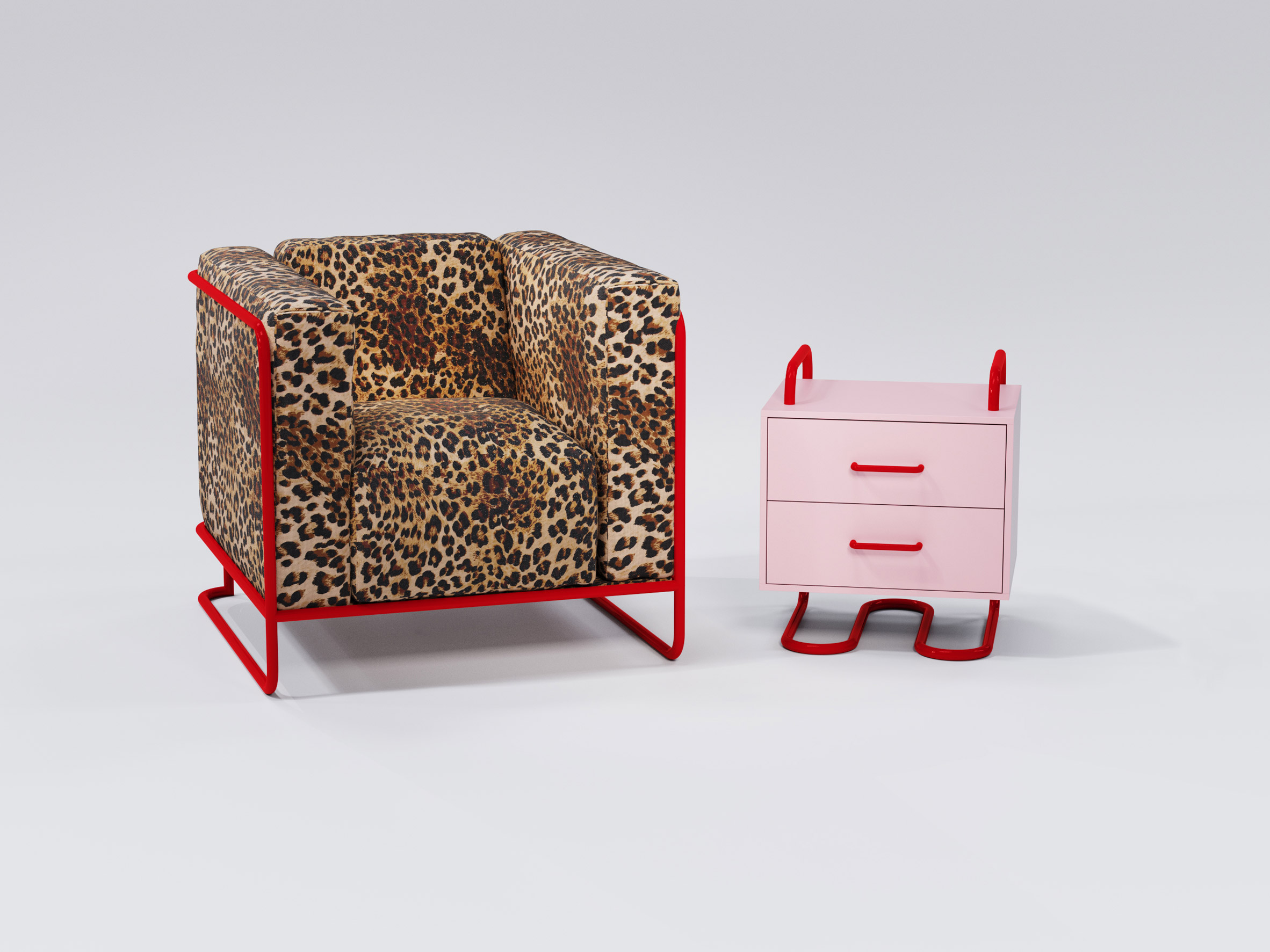 A photograph of the leopard print Wiggle Chair and pink chest of drawers