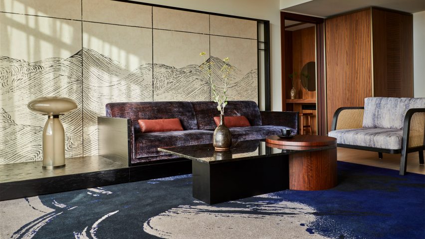 Lounge area in the suits of Nobu Hotel Barcelona by Rockwell Group