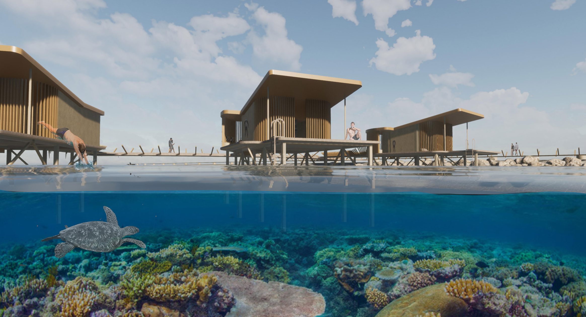 A render of an architectural building sitting above a reef