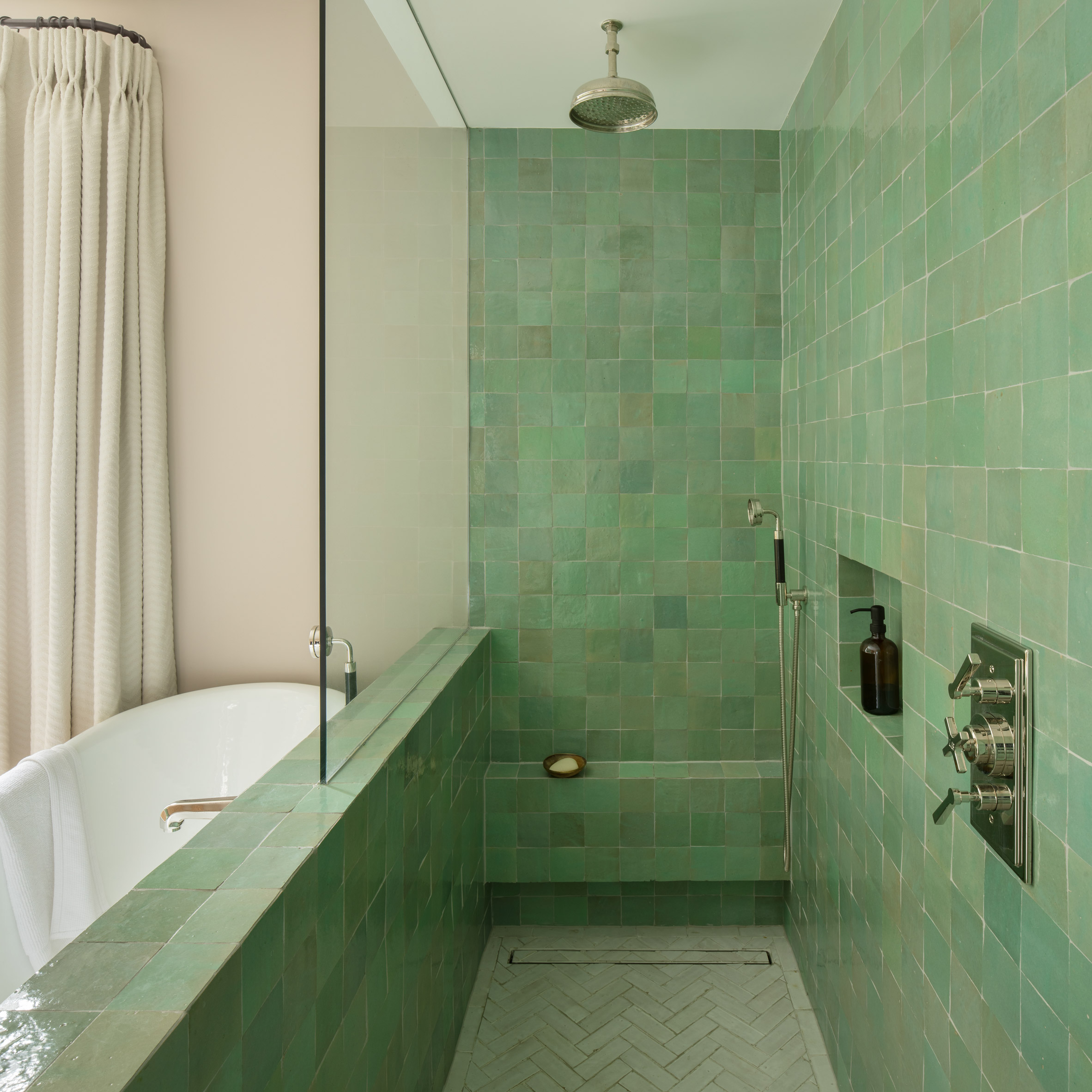 Green shower in London home by Oliver Leech Architects