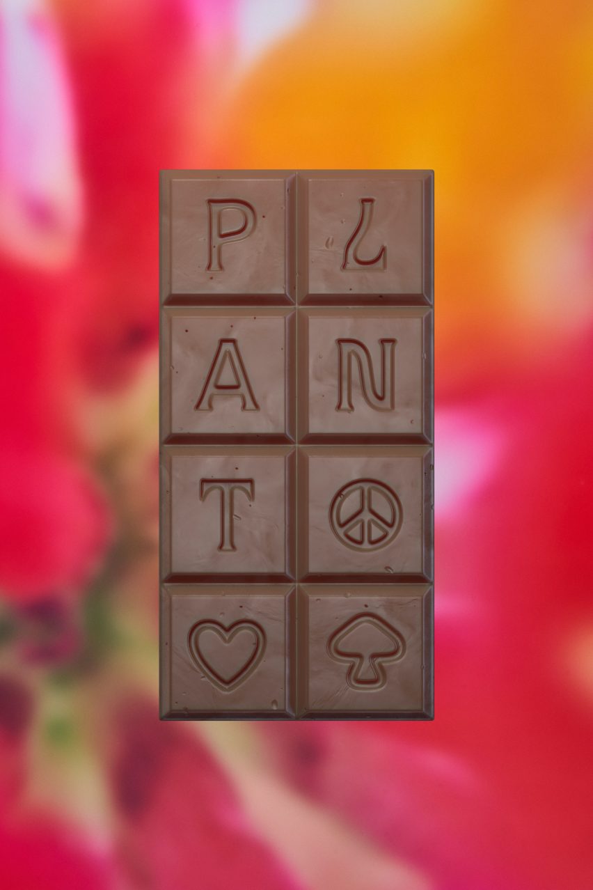 Mushroom chocolate embossed with PLANT dispensary wordmark and symbols