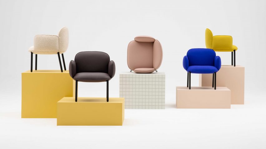 A range of different coloured Plum chairs pictured on plinths