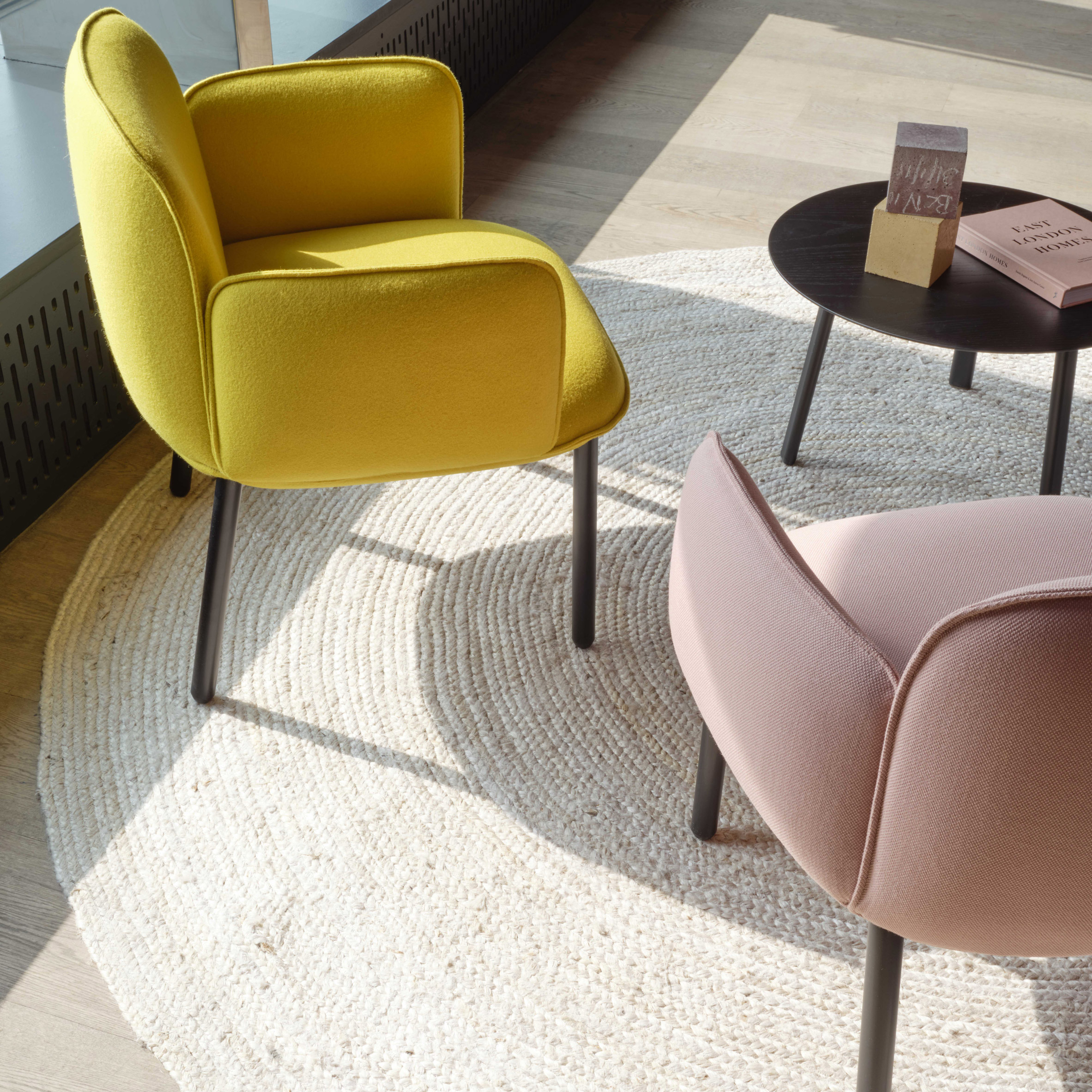 Yellow and pink plum chairs by Gabbertas Studio for Allermuir
